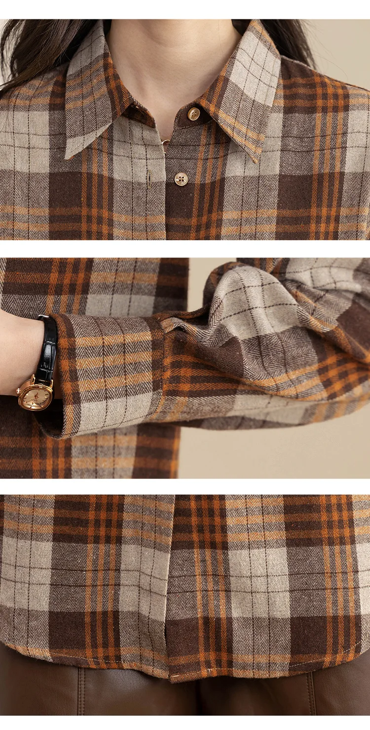 Boweylun Retro Milled Plaid Long Sleeve Shirt Women's Autumn and Winter Medium Long Loose Blouse Tops Famale