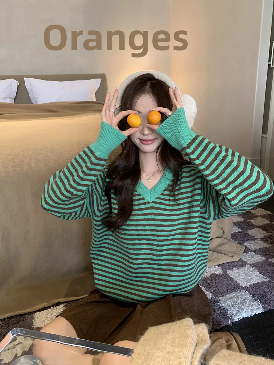 

Sinbounboun Sweet Striped V-Ne Knit Sweater Candy Colors Layering Friendly Comfortable Soft Warm Retro Striped Sweater