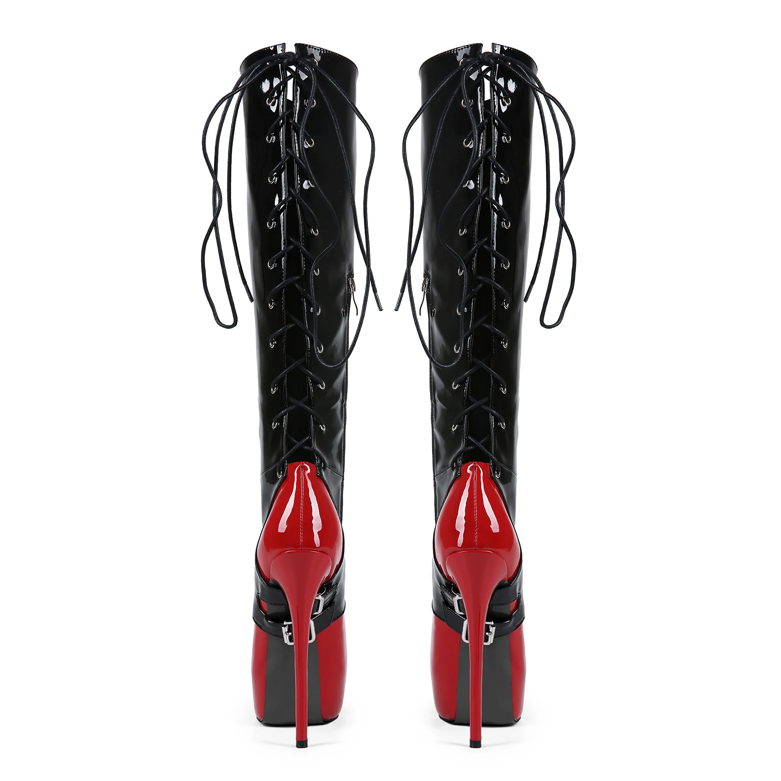 Frankie Hsu Goth Sexy Stiletto Platform Handmade Knee High Heeled Boot, Black Red Patent Gothic Punk Hot Girl Big Large Size Wide Calf Long Lace Up Boots For Women Men - view 6