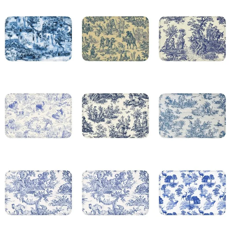 Personalized Vintage Toile De Jouy Doormat Mat Anti-Slip Navy Blue And White Kitchen Bath Toilet Rug Carpet 40*60cm