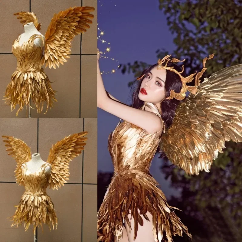 Custom dance performance golden feather wings props photography set walk show stage feather costumes props party decor butterfly