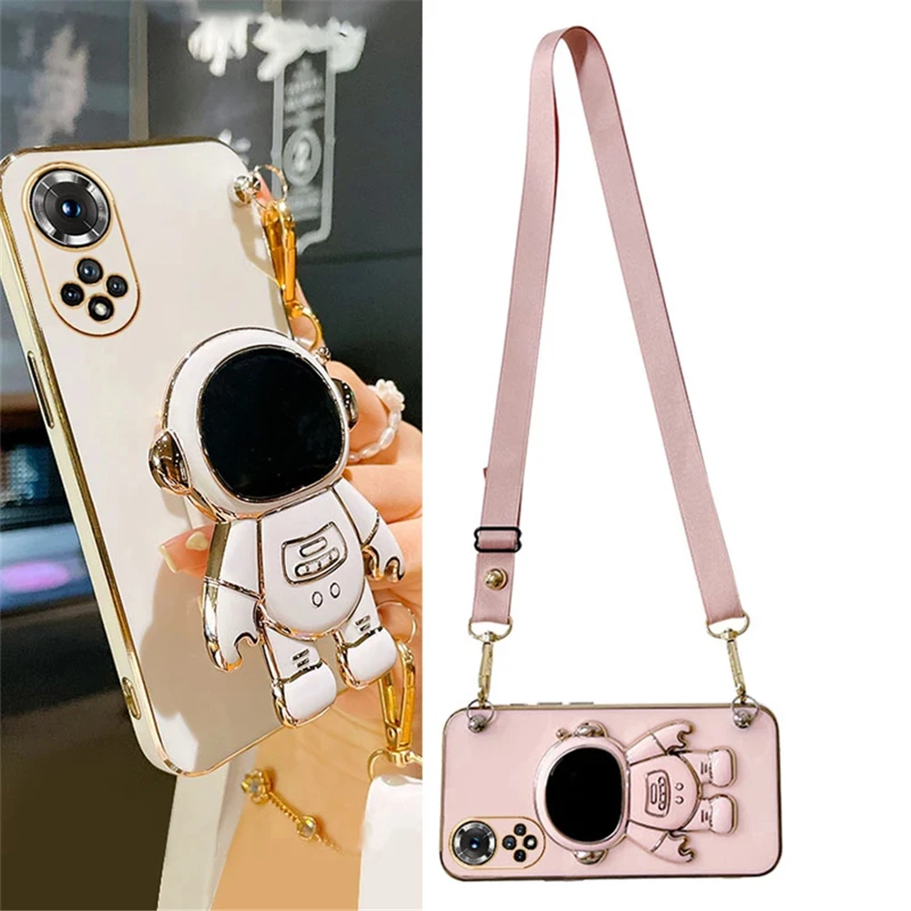 Astronaut Crossbody Lanyard Phone Holder Case For Huawei Nova Y70 Y90 Nova 10 Pro 8i 9 SE 7i 5t 3i 4e Stand Square Plating Cover