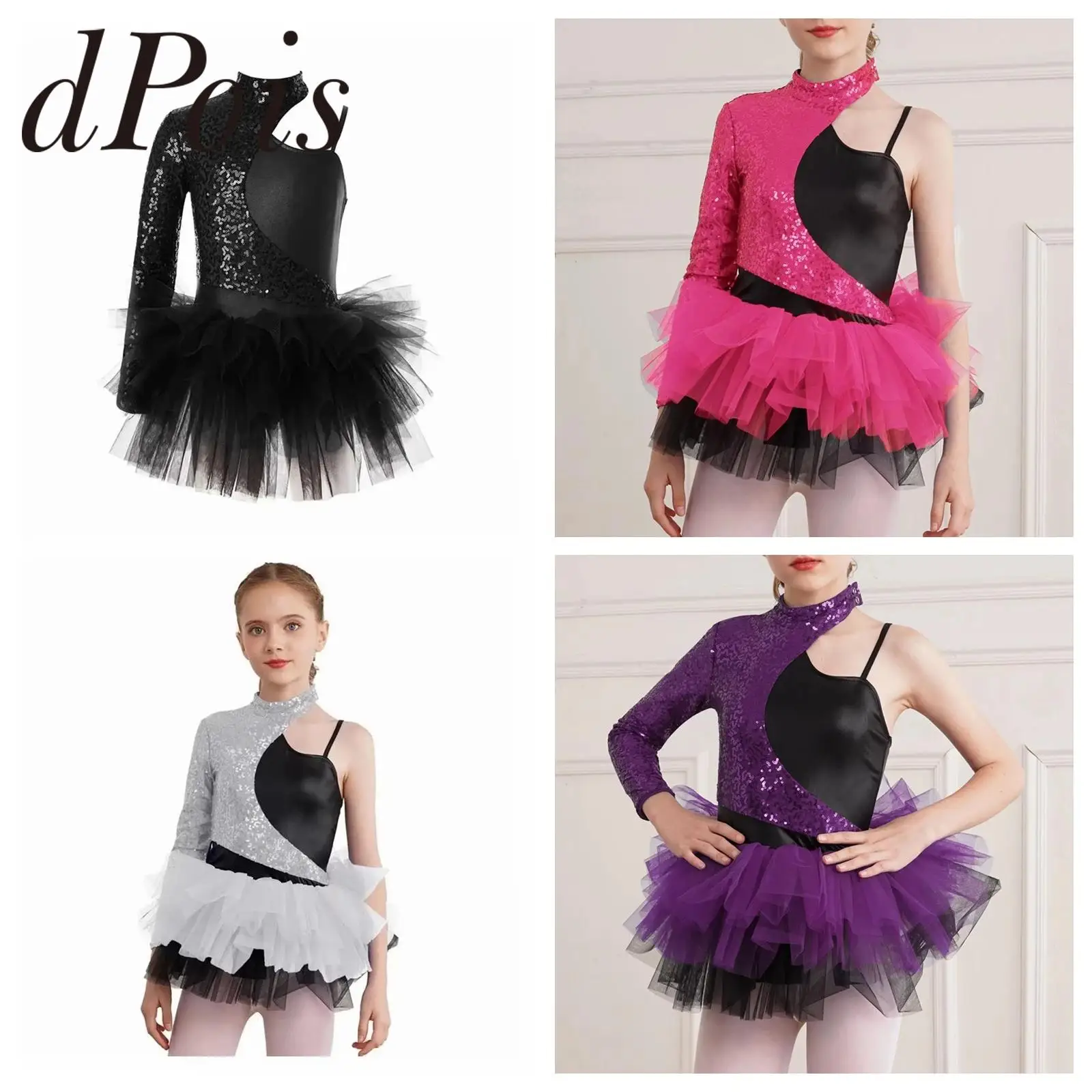 

Kids Girls Shiny Sequins Tulle Skirt Leotard Teens Party Show Costume Dancewear Modern Dance Dress Children Jazz Dance Costumes