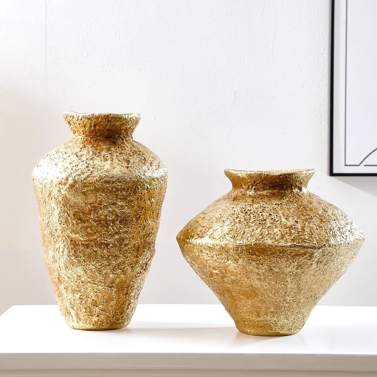 

a retro earthenware jar shaped decorative vase, an antique golden earthenware jar home decorative vase