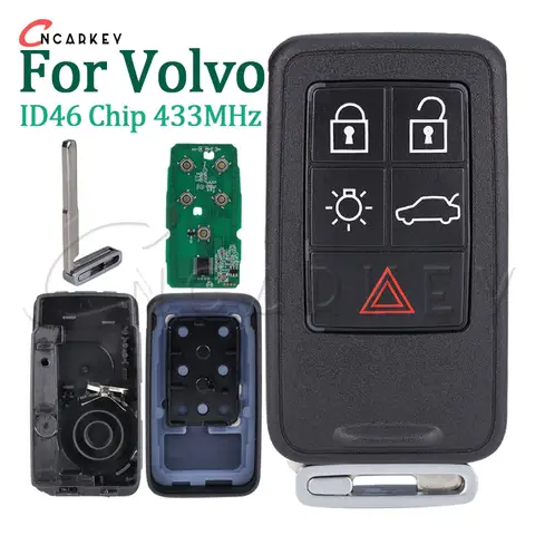 볼보 XC60 S60 S60L V40 V60 S80 XC70용 433Mhz FSK ID46 FCCID KR55WK49264 리모트 스마트 자동차 키, 5버튼 키 케이스 포함