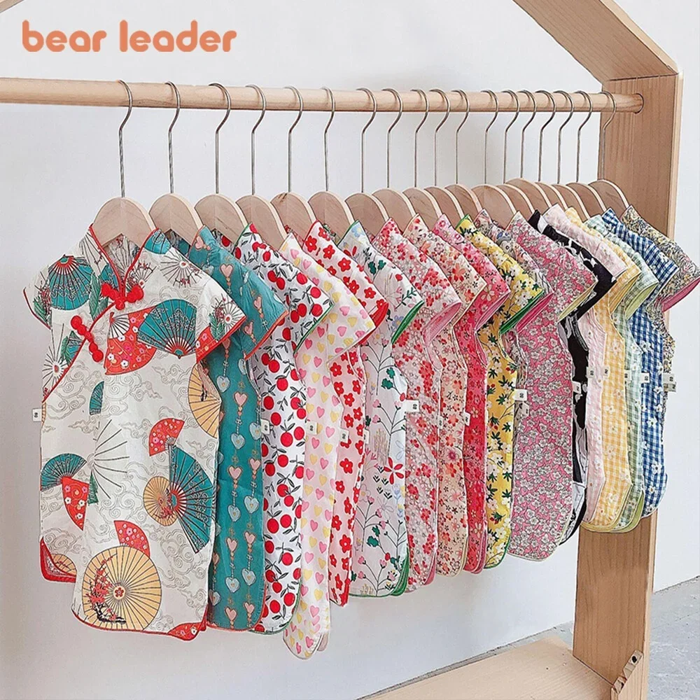 Bear Leader Baby Girs New Chinese Dresses Summer Short Sleeves  Fan Panda Flower Print Dress Casual Clothing Kids Qipao