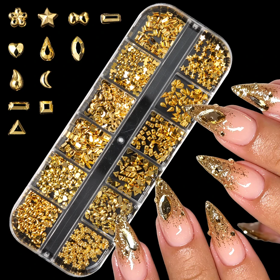 12 Grids Golden Nail Charms Star Moon Heart Square Rectangle Triangle Bow 3D Studs Gems Nail Art Jewelry Decorations Accessories