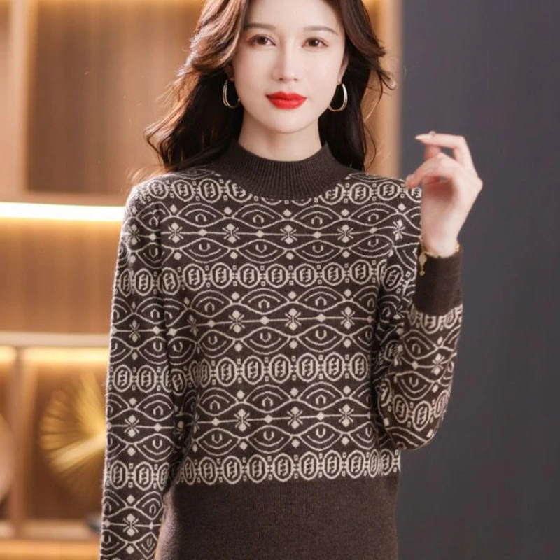 New Jacquard Half High Collar Sweater Women's Knitted Sweater Short and Small Top