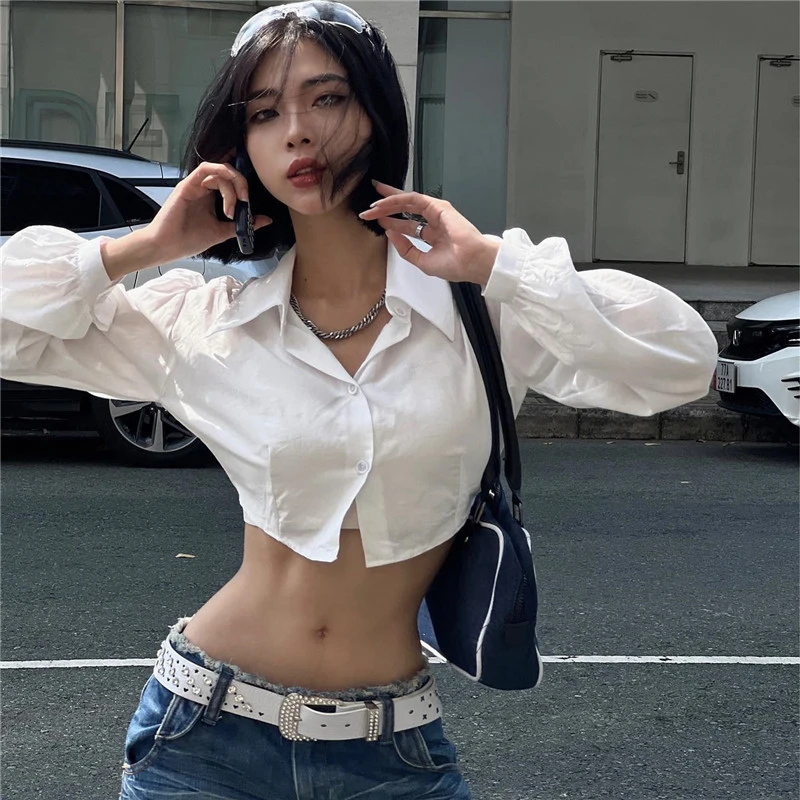 MEXZT Y2K 2000S Cropped White Shirts Women Sexy Hollow Out Long Sleeve Blouses Summer Streetwear Korean Slim Chic Crop Tops New