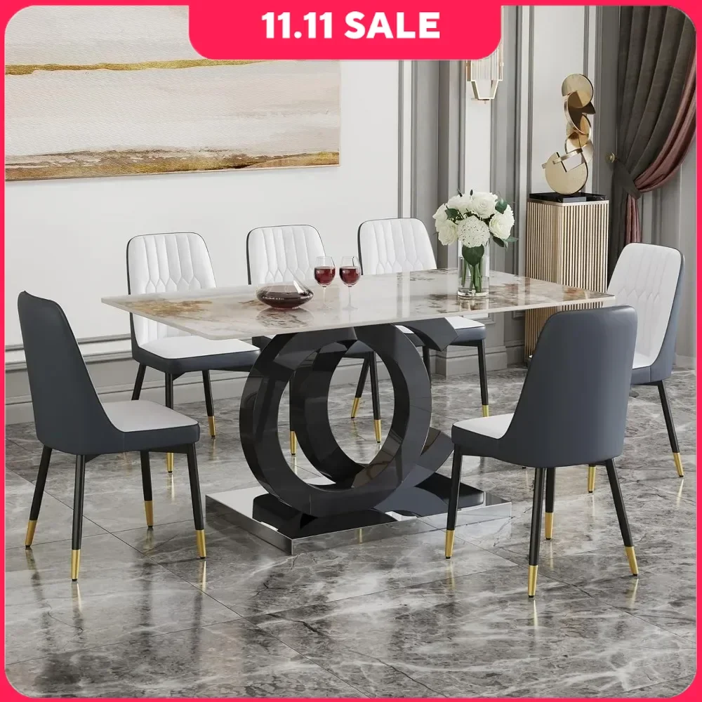 

Dining Table Set for 6, PDLB Marble Tabletop & MDF Base, Glass Tables with 6 PU Leather Upholstered Chairs, Dining Room Set