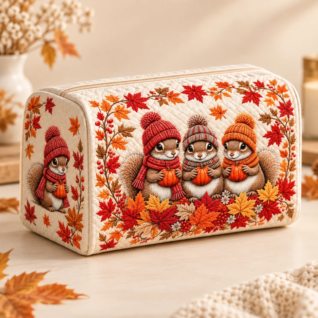 Squirrel Print Cosmetic Bag Quilted Makeup Organizer Portable Toiletry Pouch Large Capacity Zipper Travel Storage Case for Women