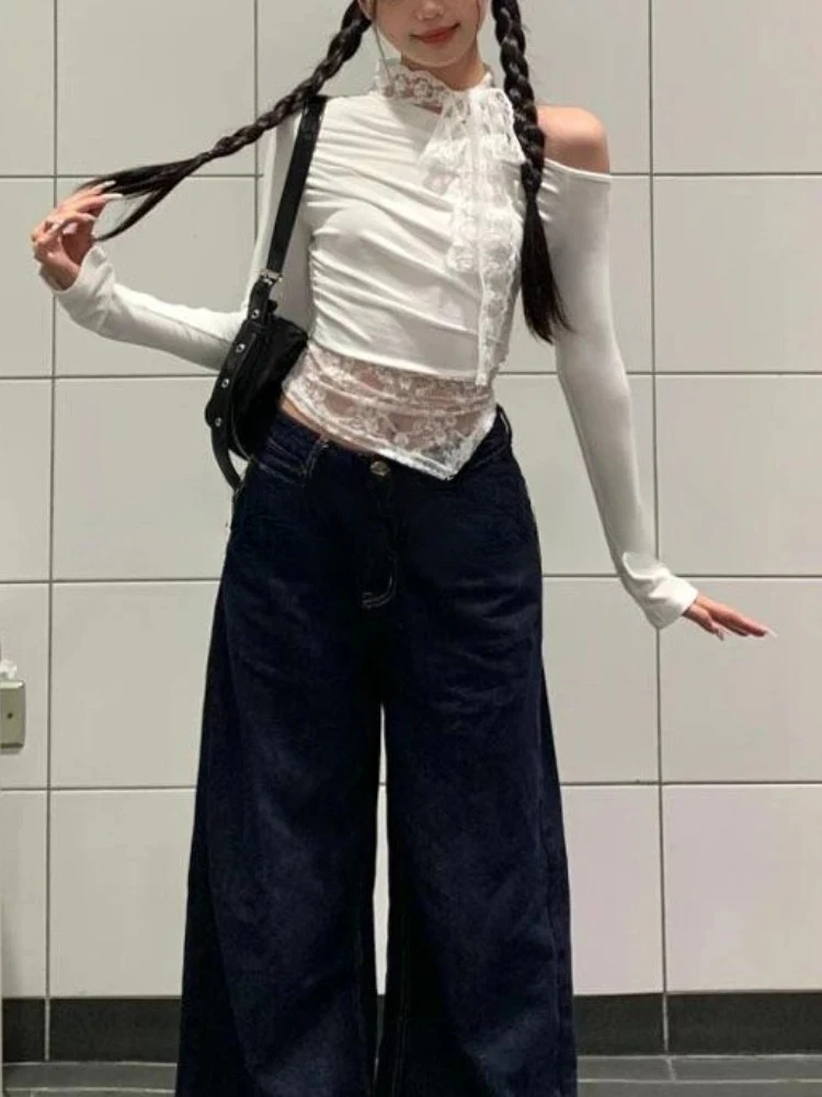 甘いレースパッチワーク女性の Tシャツオフショルダー長袖 Y2k ホワイトトップス新ファッション Tシャツスリムフィットエレガントシックな服