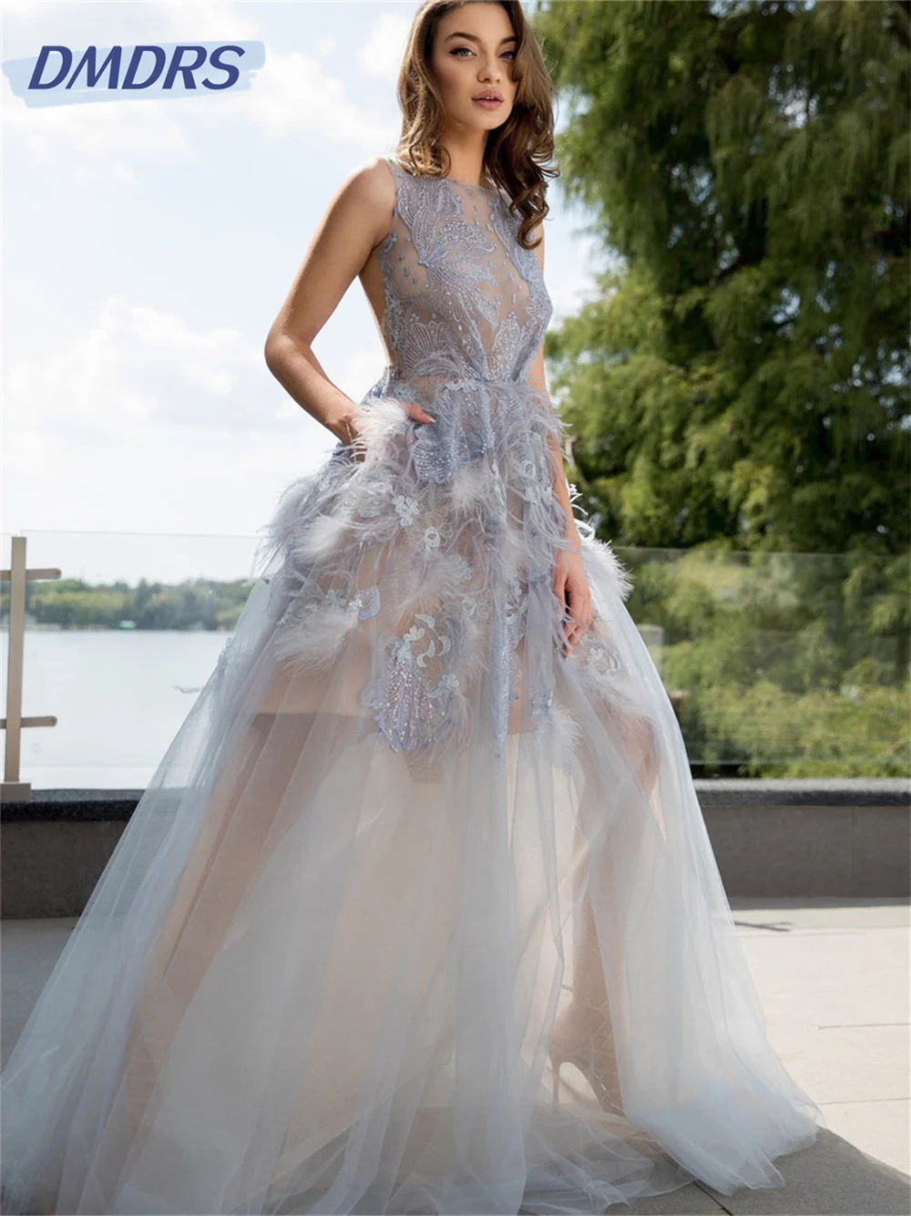 

Sexy Round Neck Evening Gown 2024 Elegant Tulle See-Through Dress Simple a-Line Floor-Length Gowns Vestidos De Novia