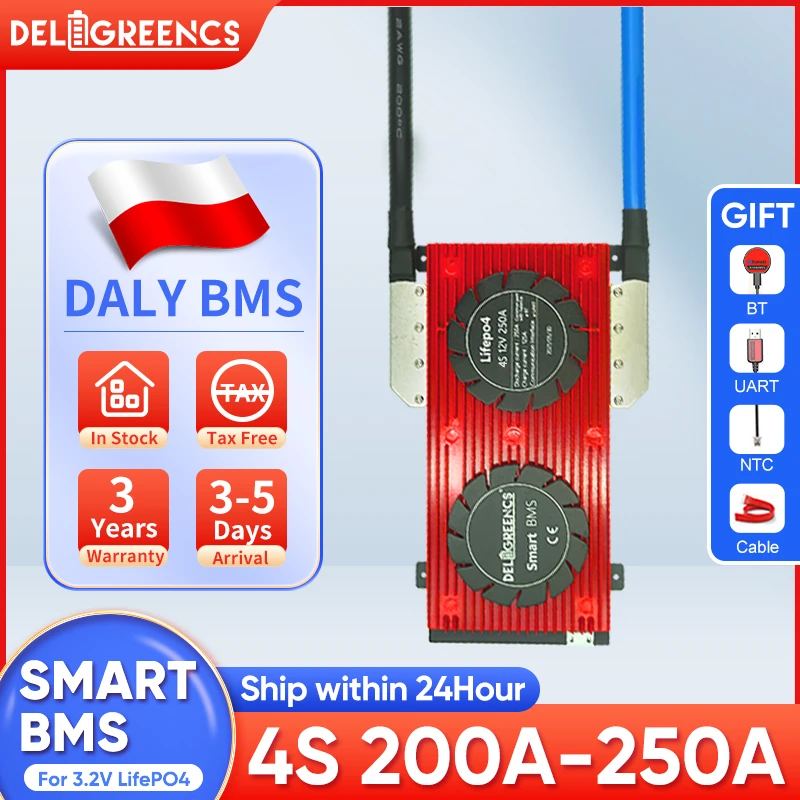 Poland Stock Tax free LiFePO4 4S Smart Balance BMS  200A 250A with Bluetooth APP Uart cable  for 3.2V Rated Lithium battery