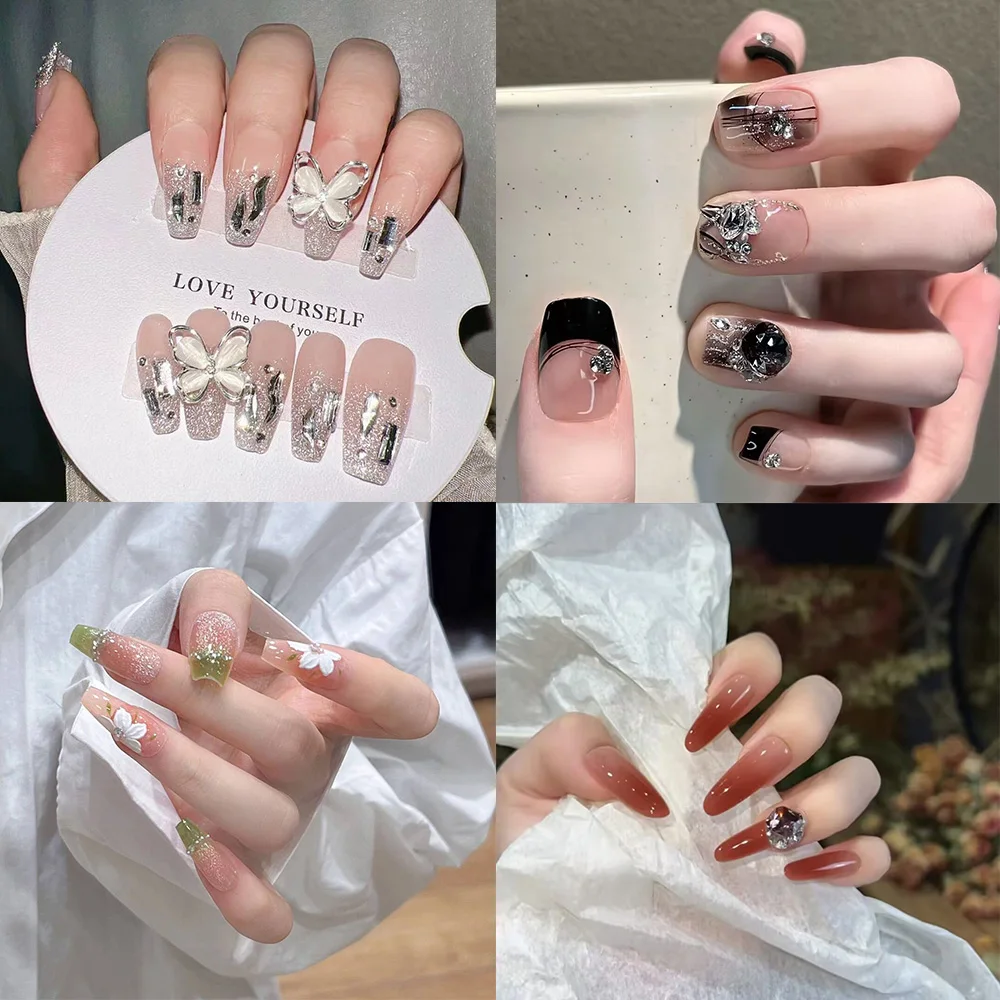 10 Stück Nägel zum Aufdrücken, Größe M/S, Schleifendesign, Schmetterling, Glitzer, Rosa, Schwarz, Rouge, Strasssteine, Mandel, vollständige Abdeckung, tragbare künstliche Nägel