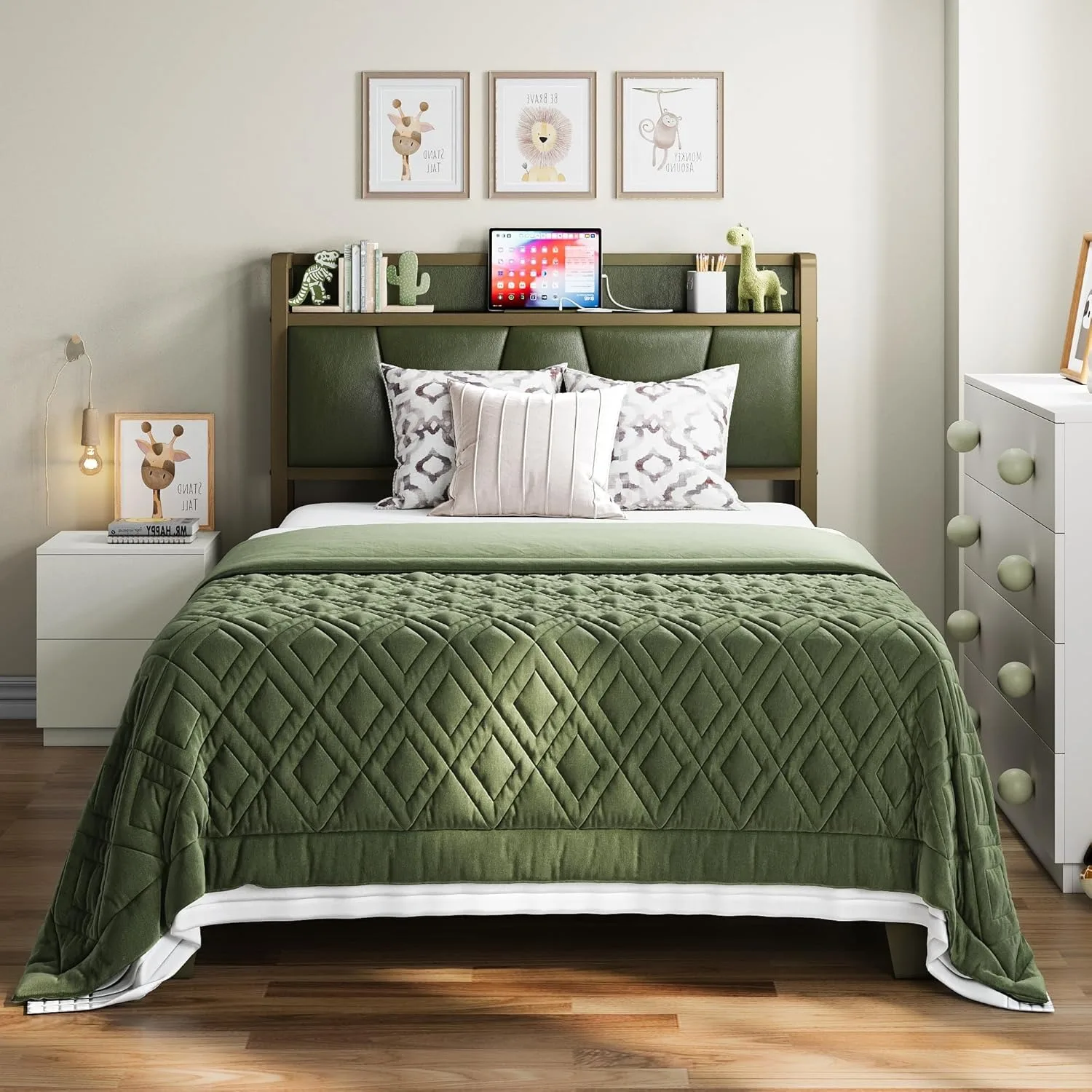 Twin Bed Frame, Storage Headboard with Charging Station, Solid and Stable, Noise Free, No Box Spring Needed, Easy Assembly