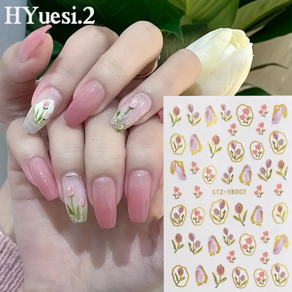 3D Tulip Flowers Nail Stickers Self Adhesive Embossed Nail Art Decals For Women Girls Summer DIY Manicure Decoration