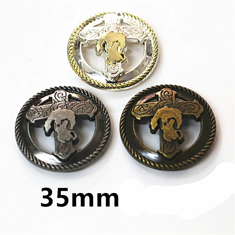 5PCS 35mm Silver Gold Rope Side Western Cross Biker Horse Rodeo Saddle Tack Bridle Headstall Conchos for Leathercraft Belt Decor