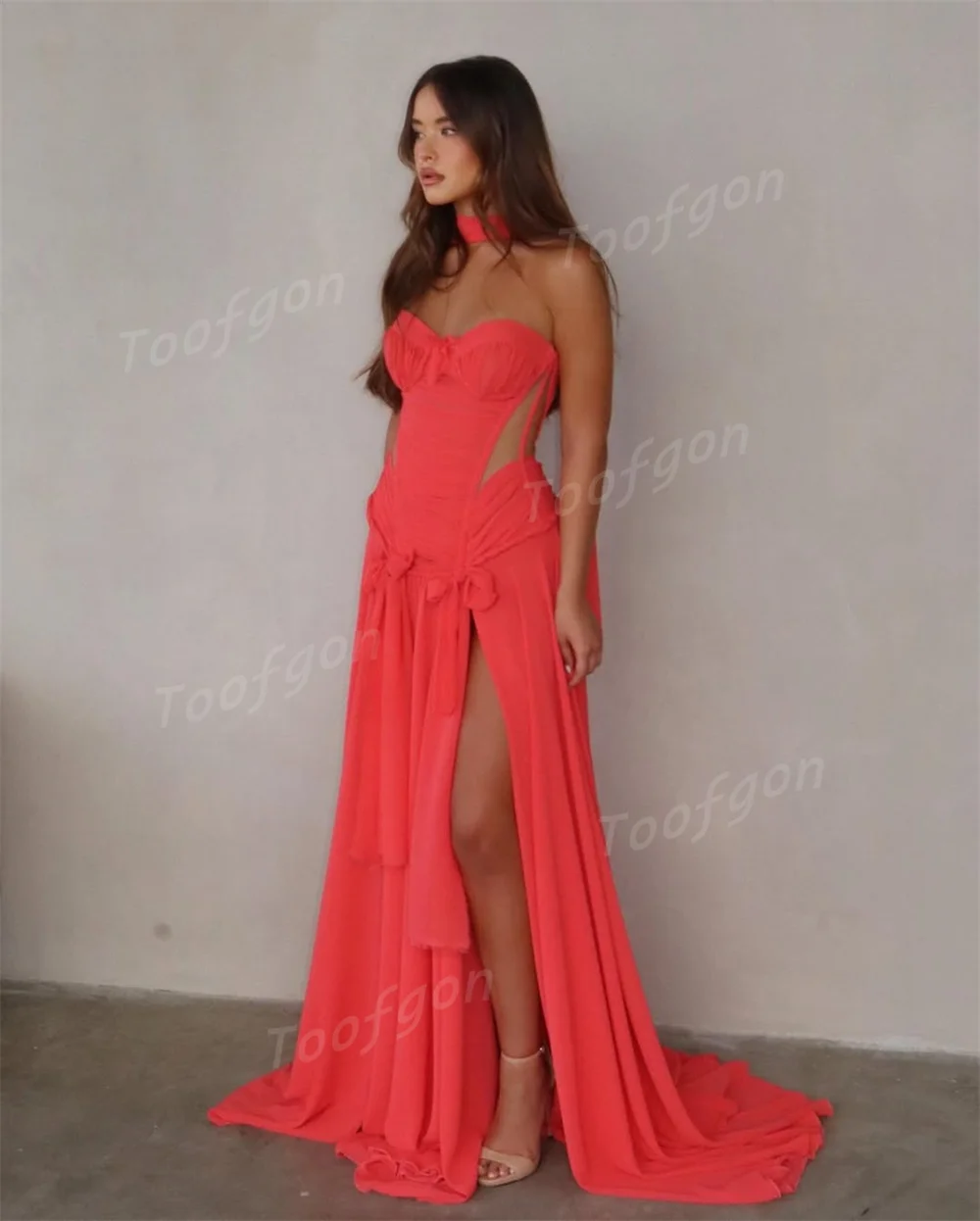 Toofgon الشيفون مخصص طويل فساتين لحضور الحفلات الموسيقية الرقبة التفاف الحبيب مناسبة رسمية حفلة سهرة فساتين النساء ملابس عيد ميلاد
