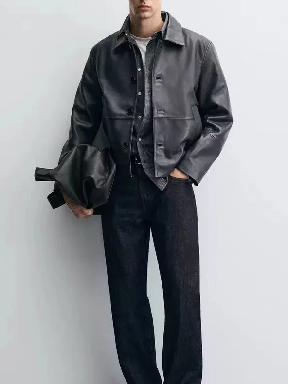 

New 2025 Men's Casual Leather Jaet Collared Outerwear Versatile Long Sve PU Leather Coat for Daily Wear Stand Fit