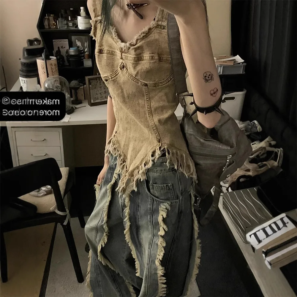 

Американская винтажная джинсовая майка для женщин, лето 2025, бахрома и облегающая майка с потертым краем