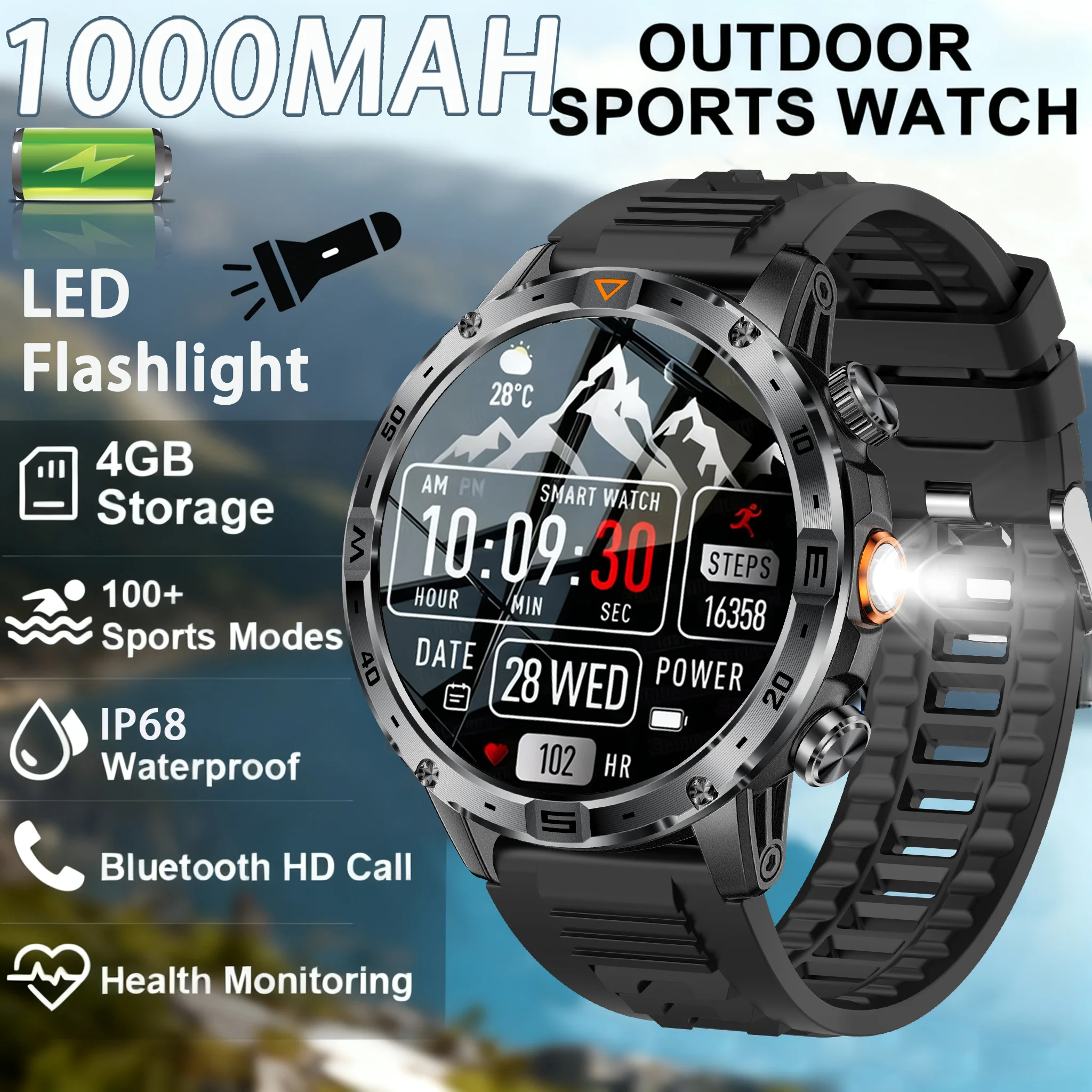 

2025 New Military Tactics Smart Watch AMOLED IP68 Swim Waterproof 1000mAh Large capacity 100Day Battery LED Flash Smart Watc