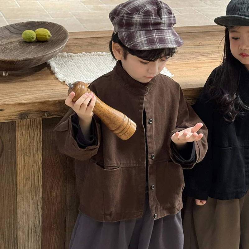 Kids Jacket Autumn Cotton Stand Collar Boys Girls Button Down Open Front Coat Children Loose Casual Outerwear for Toddler Outfit