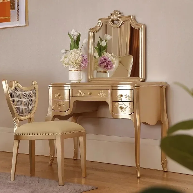 Luxury Solid Wood Dressing Table Villa Light Carved Flower Hand Painted Dresser Court
