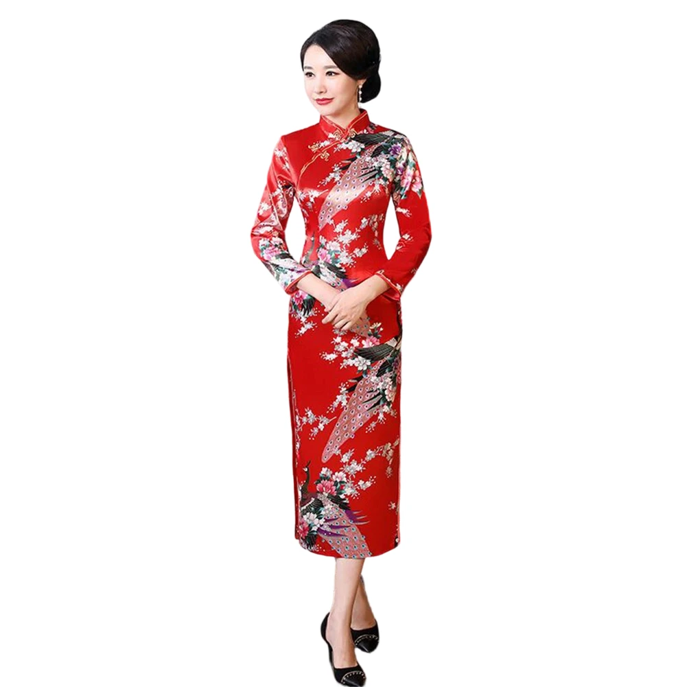 Chinese Vintage Long Sleeve Qipao Dress for Women Featuring Peacock Print for Fashionable and Comfortable Wear