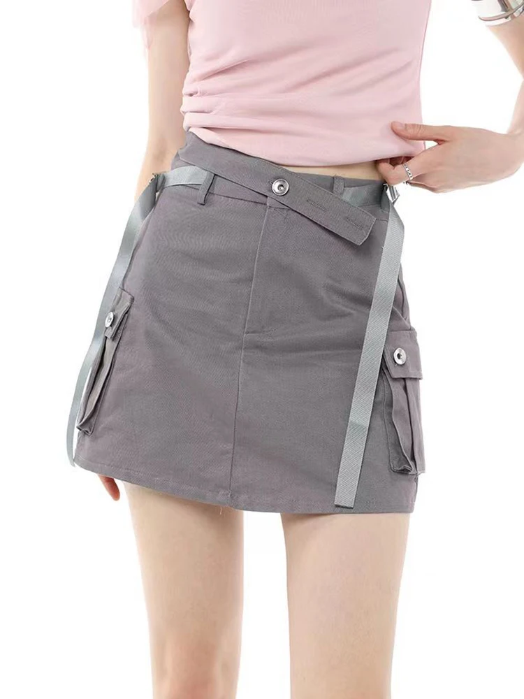 Zoki Streetwear Retro Cargo Skirts Women High Waist Y2K Mini Skirt American Casual Harajuku Vintage Slim Female Gray Skirts New