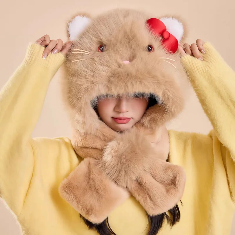 قبعة سانريو هالو كيتي العصرية للفتيات في الشتاء والدفء في الهواء الطلق ومقاومة للرياح والبرودة وشاح بقلنسوة هدية عيد الميلاد