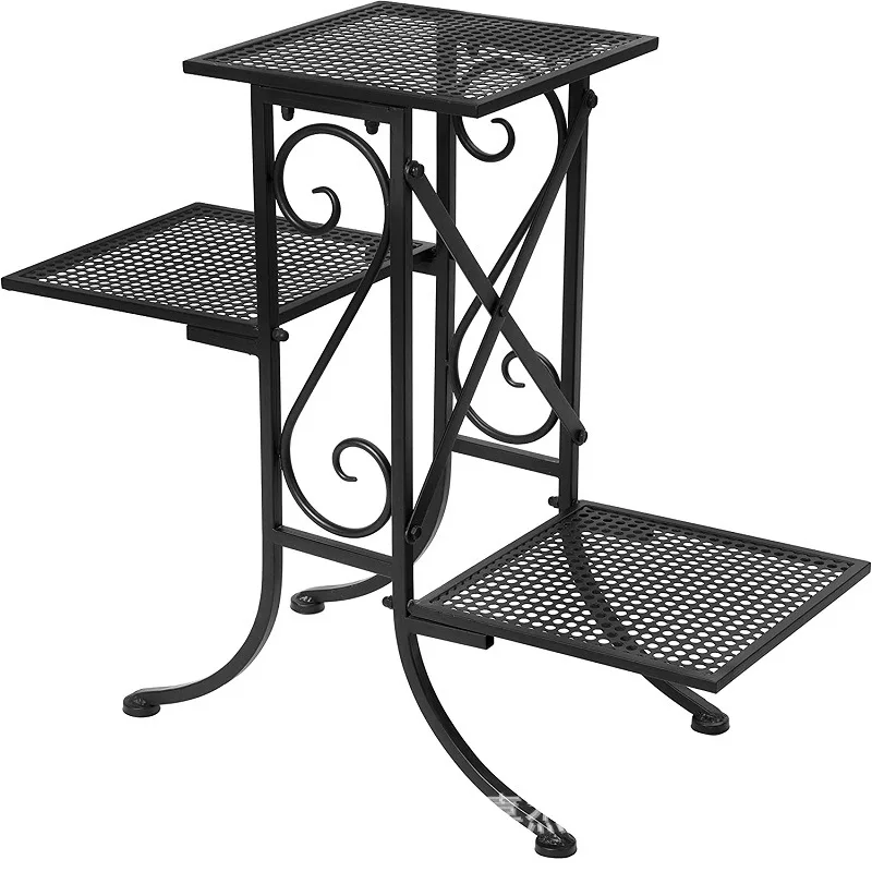 black-metal-freestanding-outdoor-indoor-plant-bracket-decorative-display-rack-perforated-shelf-and-scroll-design