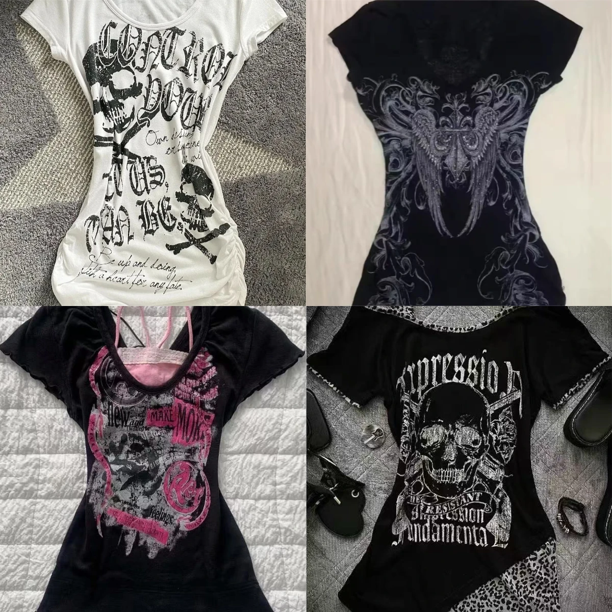 2025 Punk Gothic Grunge T-shirt Vintage Print Short Sleeve Women's Emo Tops Y2K Emo Aesthetic Sexy Streetwear Tees Casual New
