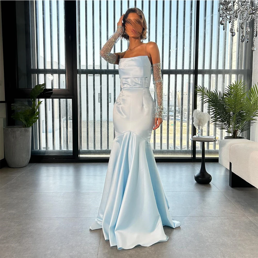 

Customized Sexy Satin Mermaid Detachable Sleeve Sequined Pearls Evening Dress High Quality Strapless Sleeveless Party Dress