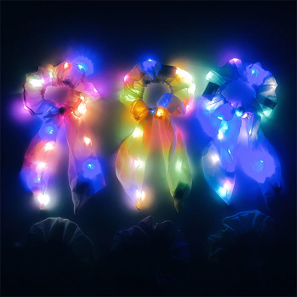 Led Luminous Hair Bands Light Up Hair Bows Scrunchies Girls Headwear Hair Rope Hair Accessories Glow In The Dark Party Supplies