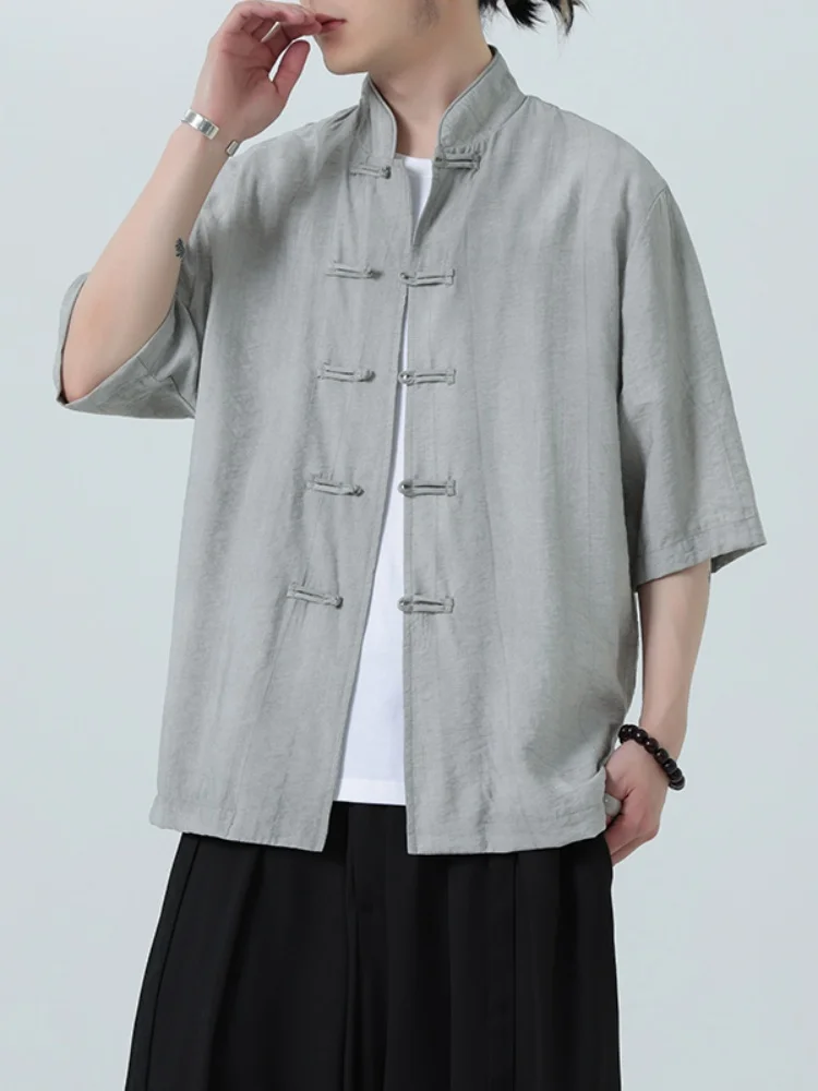 

Новая летняя мужская льняная рубашка с коротким рукавом, большие размеры, в китайском стиле, с воротником-стойкой, в стиле Тан, Ханьфу, тонкая, ретро, с декоративными пуговицами