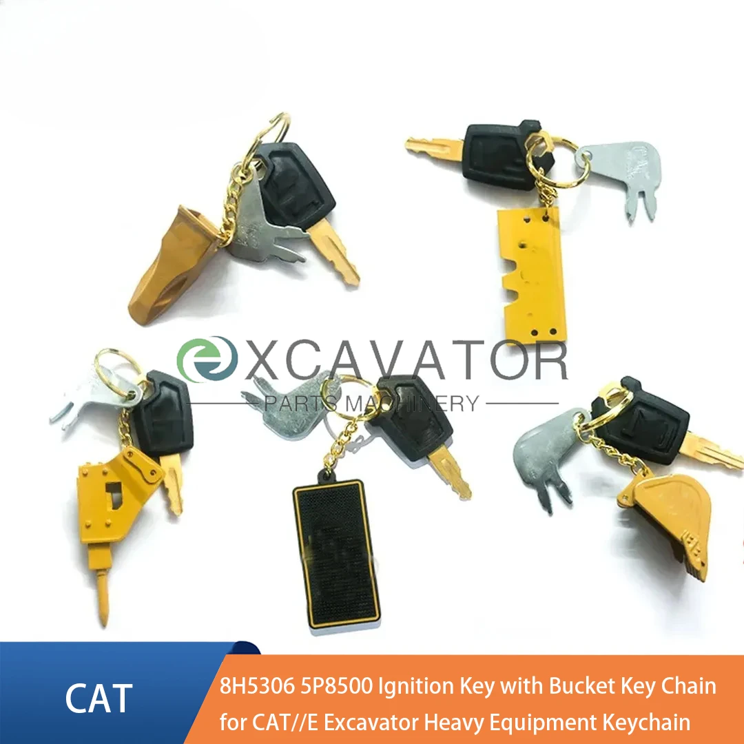 8H5306 5P8500 Ignition Key for CAT Excavators with Bucket Key Chain Heavy Equipment Keychain F0002