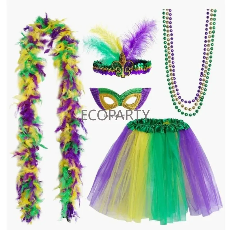 New Mardi Gras Costume Accessory Set Tutu Skirt Faux Feather Headband Mask Mardi Gras Beads Feather Boa for Women and Girls