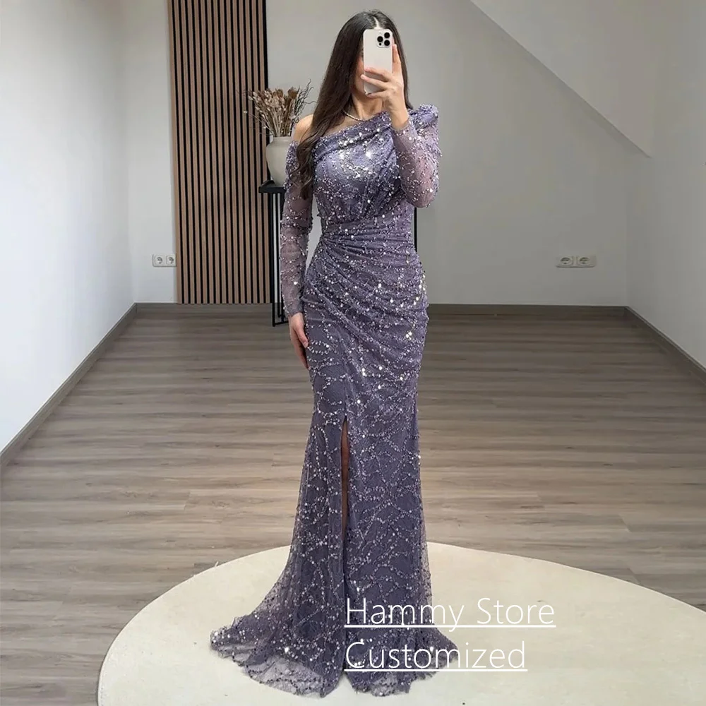 Sexy Mermaid Evening Dress Customized One Shoulder Long Sleeve Sequined Trumpet Prom Gown Split Dancing Party Dresses image 4