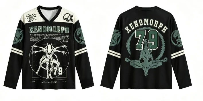 Unisex Vintage Xenomorph V Neck Long Sleeve Mesh Shirt Retro Sci-fi Monster Print Streetwear Tops for Men Women view 3