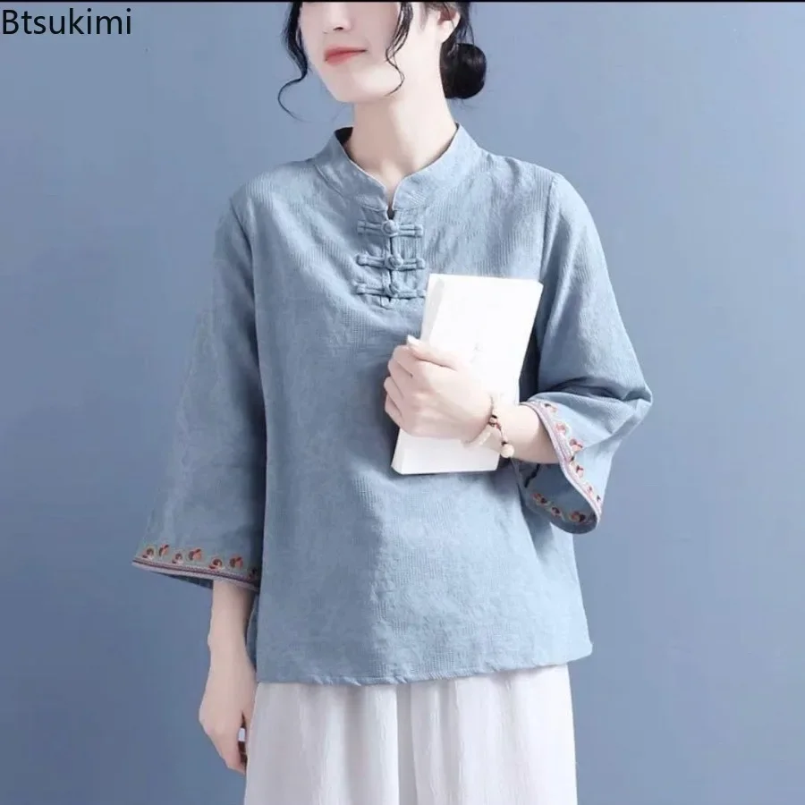 Chinese Style Jacquard Embroidery Shirt for Women Elegant Vintage Stand Collar Blouse Traditional Hanfu Casual Cotton Linen Tops