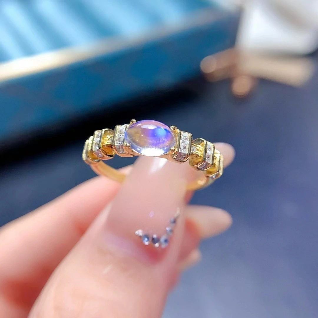 

Серебряное кольцо с натуральным лунным камнем 4 мм * 6 мм Кольцо с лунным камнем 0,5 карата с позолоченным драгоценным камнем 18 карат Ювелирные изделия из серебра 925 пробы