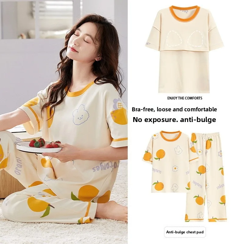 

Women's Summer New Pajama Set with Chest Pad Short Sleeve Trousers Two-piece Set