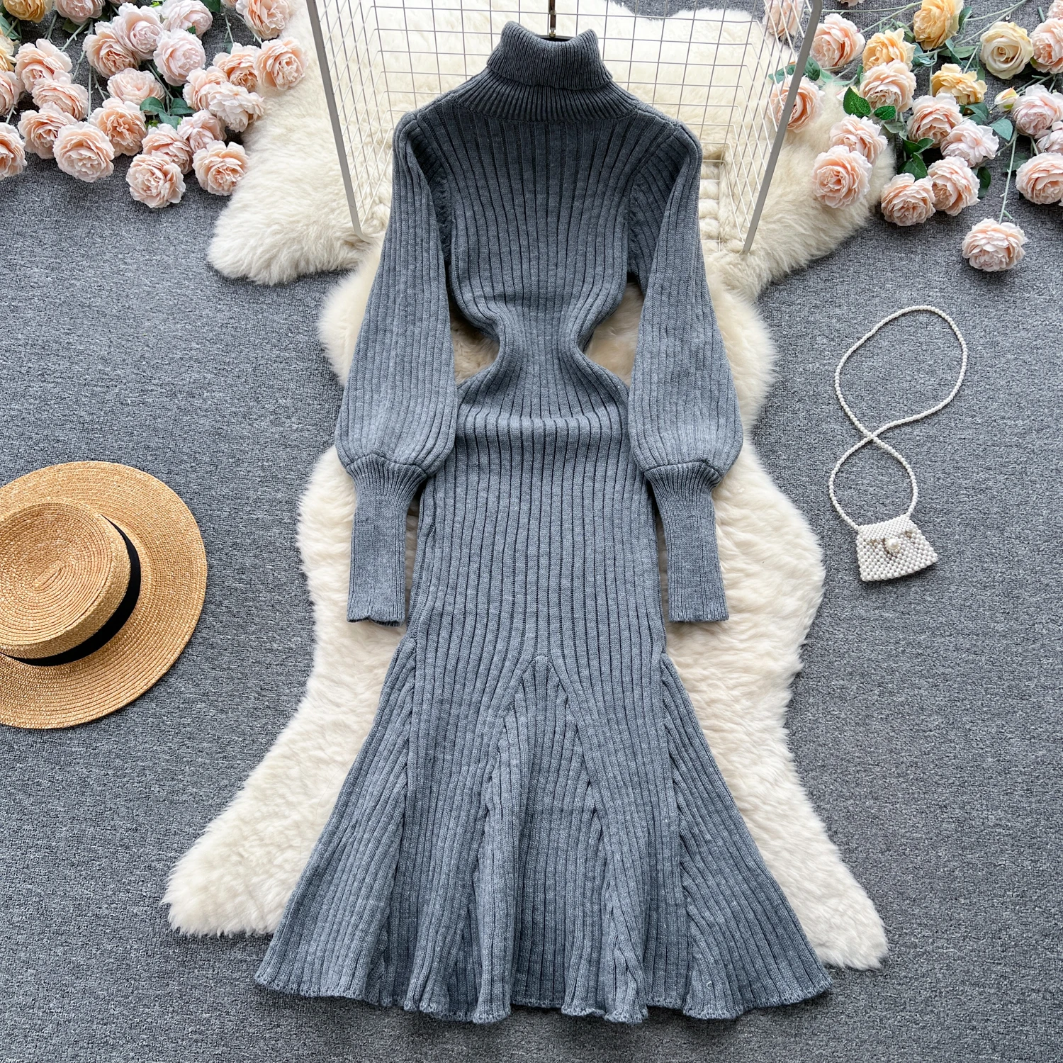 

ALPHALMODA 2024 Autumn Winter Turtle Neck Fashion Knitted Dress Women Autumn Winter Korean Chic Mermaid Slim Fit Sweater Dress