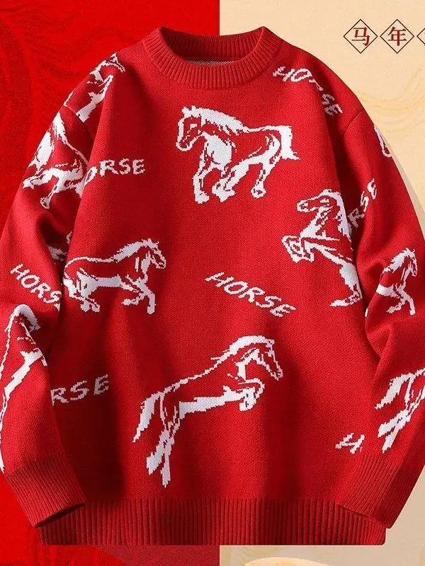 

Red Year of the Print Knitwear round Ne Sweater for Men Youth Warm Underwear New Year Youth Clothes Casual Sle Poly...