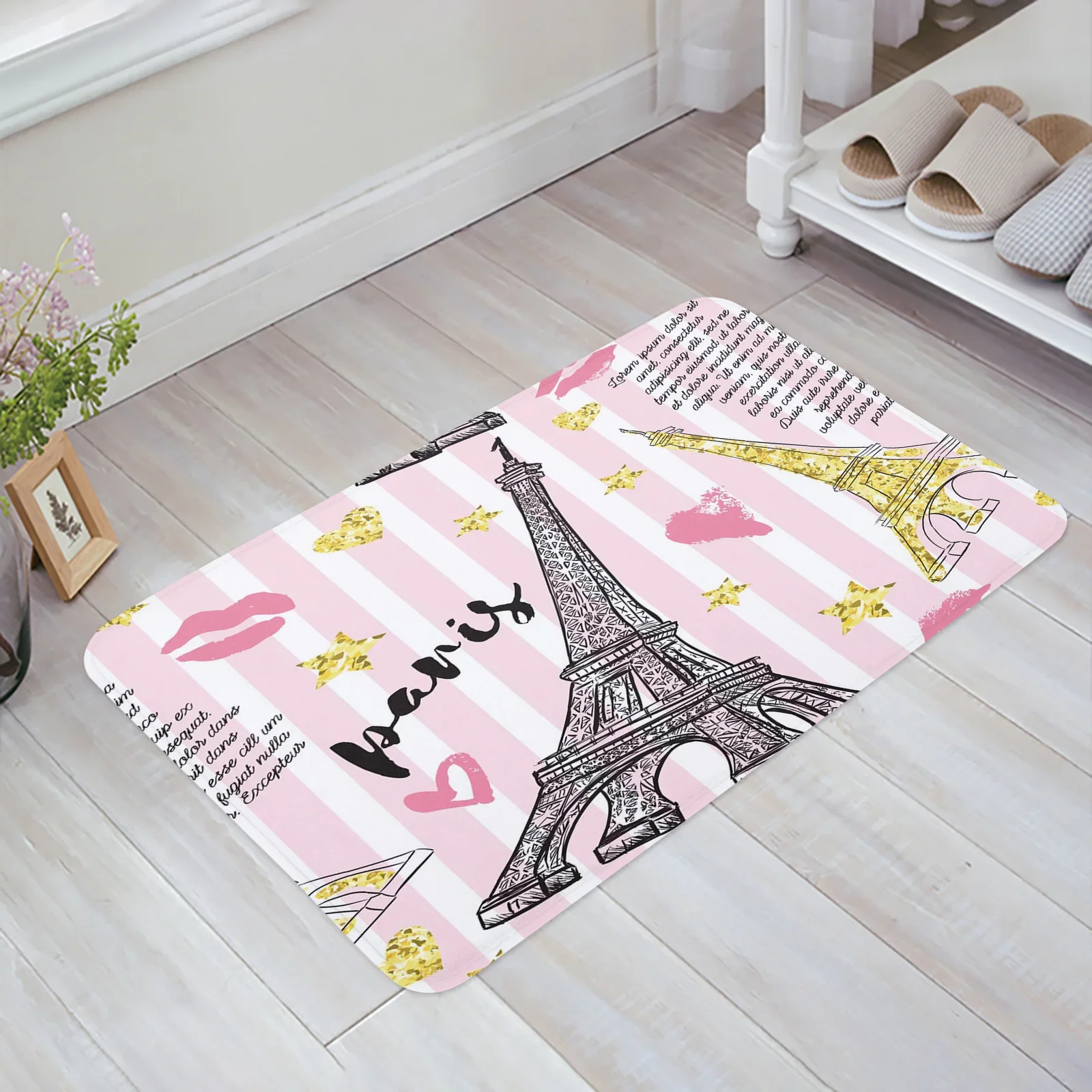 Pink Stripes Paris Eiffel Tower Lips Stars Decor Bath Carpet Bathroom Kitchen Bedroon Floor Mats Indoor Soft Entrance Doormat