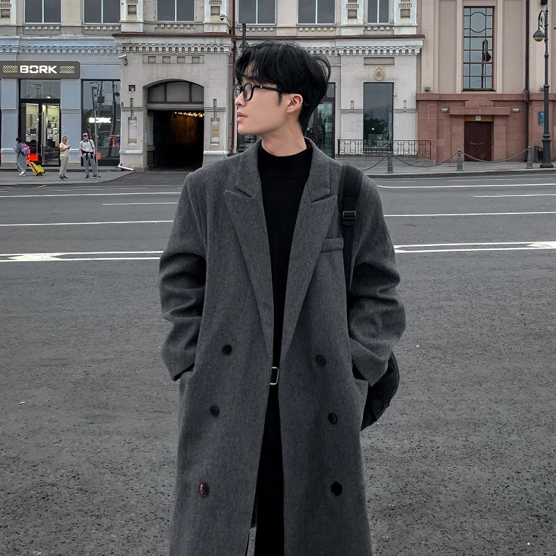 High-quality Autumn and Winter Woolen Coat, Elegant Double-breasted Men's Slim Fit Business Casual Long Outerwear.M-5XL