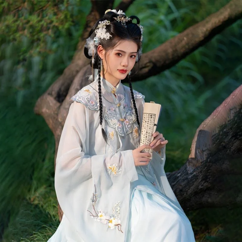 New Ancient Chinese Clothing Women's Open-Cut Stand-up Collar Long Shirt Waist Pleated Skirt Cloud Shoulder Autumn