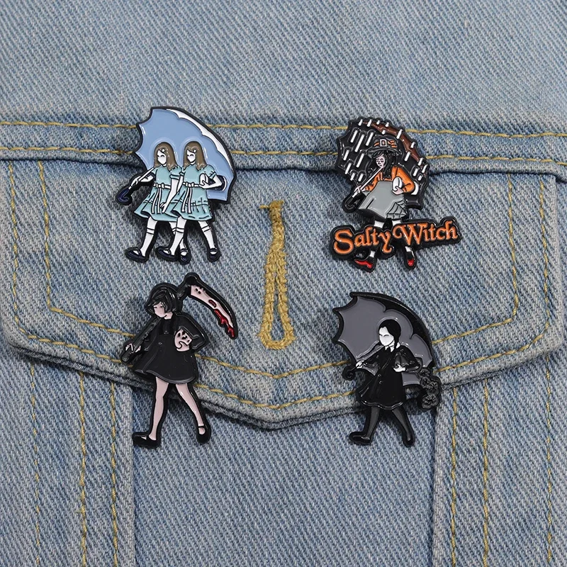 Salty Witch Dark Punk Enamel Pins Horror Movies Characters Brooches Cool Girls Umbrella Gothic Lapel Badges Jewelry Gift Friends