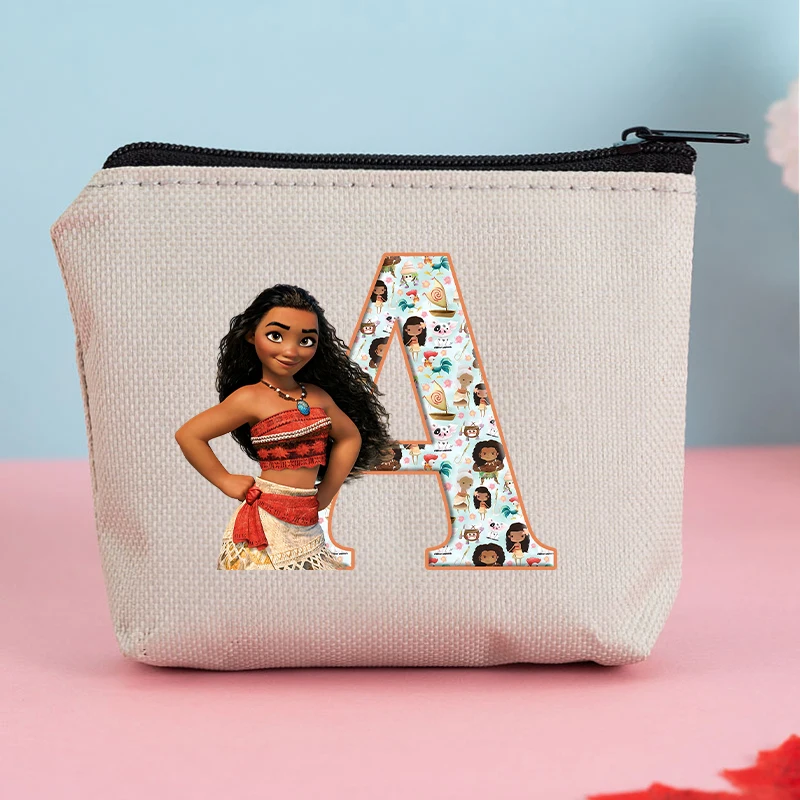 Disney Moana 2 Square Coin Purse Girls Alphabet A-Z Printed Wallet Portable Kawaii Mini Storage Bags Children's Birthday Gifts